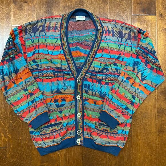 Coogi Australia 3D Knit Mercerized Cotton Multicolor Cardigan Sweater Men's L - Picture 3 of 9